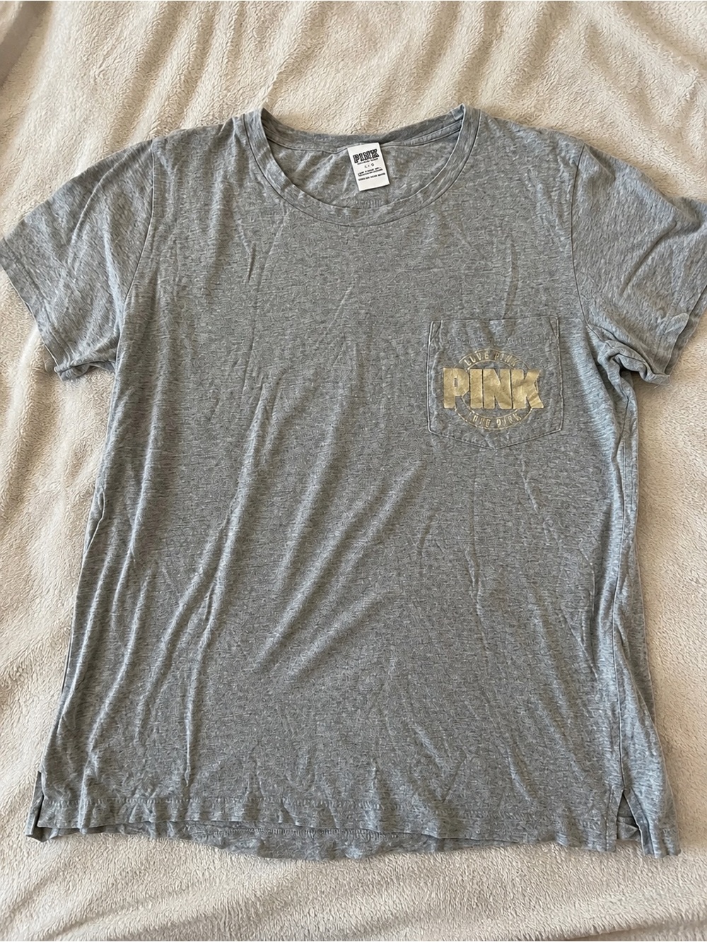 Victoria's Secret PINK Gray Gold Sequin Logo Pocket Tee Women's Large y2k